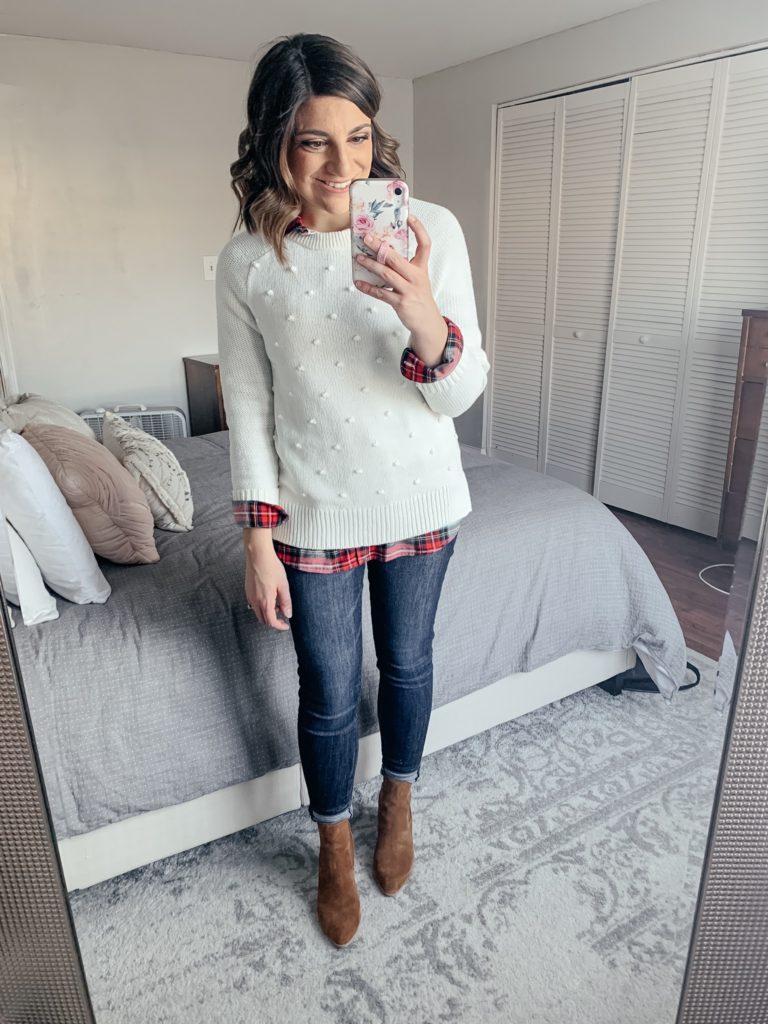 plaid button down with white sweater