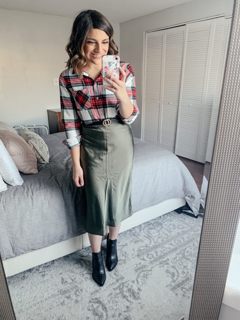 plaid button down with satin skirt