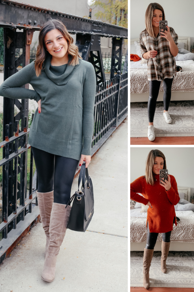 green sweater, black skinny jeans, brown booties, grey purse outfit 1 -  Putting Me Together