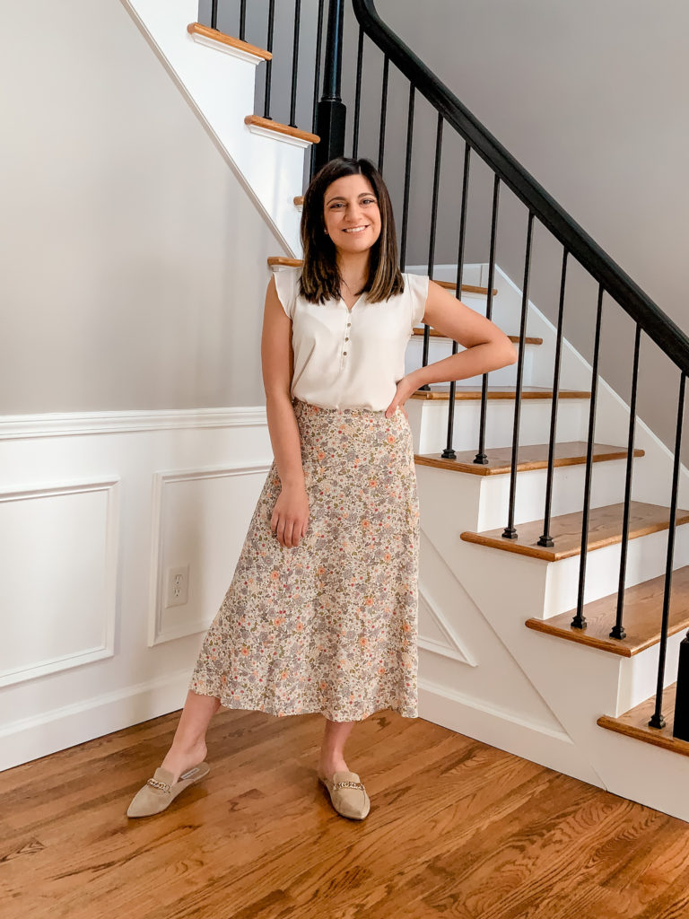 wear to work outfit with flora midi skirt